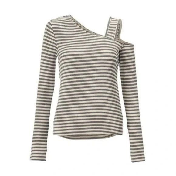 CAbi Tops - Cabi #4568 Dare Tee Style Gray & Off white Stripe Rib Knit Top Size Medium